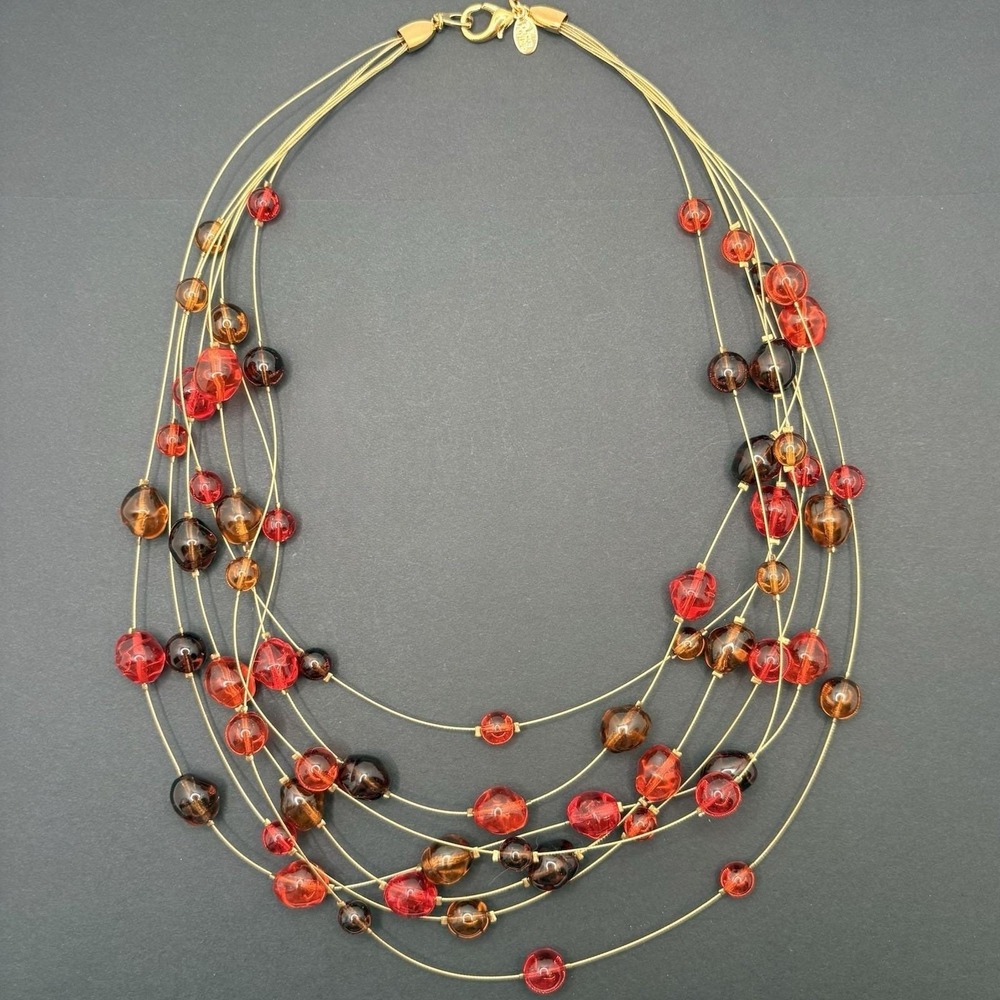 Vintage Joan Rivers Floating Glass Brown Red‎ Orange Multi Strand Necklace Fall
